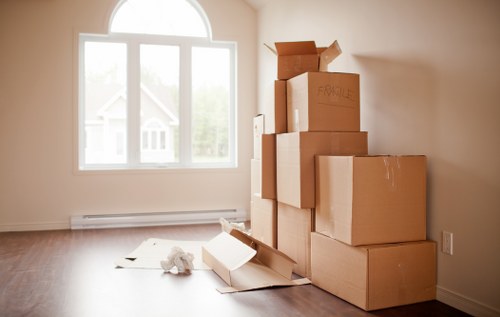 Planning documents and labeled boxes for a Waterloo commercial move