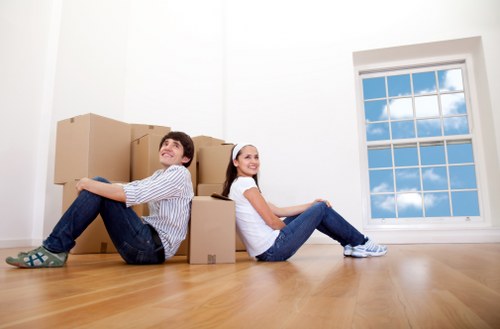 Organised office move with labelled boxes and furniture for Waterloo relocation