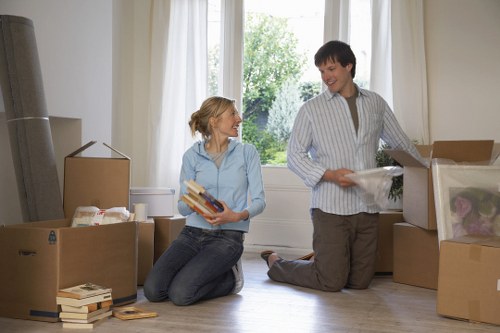 Packed office boxes and workstations ready for relocation